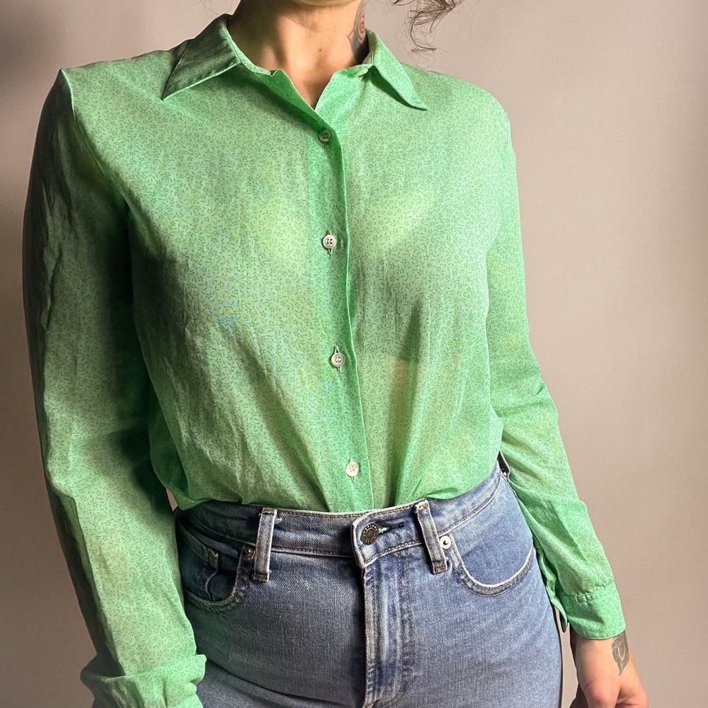 VINTAGE 70s CACHAREL Swiss Made Lightweight Button Down Green Floral Top